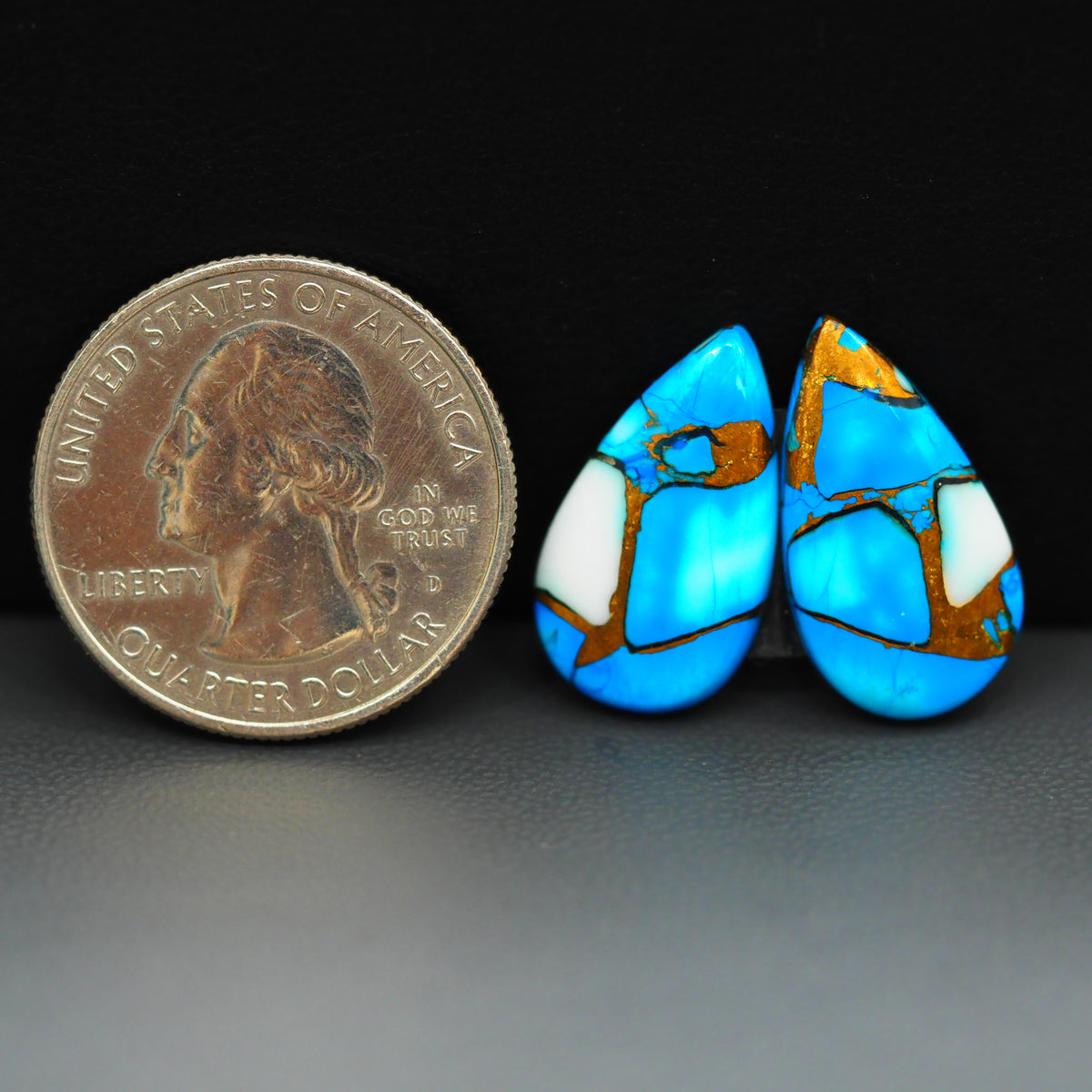 Kingman Ice Blue Dahlia Composite Pear Cabochon Pair 20x11x3mm 13ct - icy blue and white stone with copper veining - Pedra Gems
