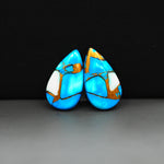 Kingman Ice Blue Dahlia Composite Pear Cabochon Pair 20x11x3mm 13ct - icy blue and white stone with copper veining - Pedra Gems