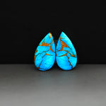 Kingman Ice Blue Dahlia Composite Pear Cabochon Pair 19x11x3mm 10ct - icy blue and white stone with copper veining - Pedra Gems
