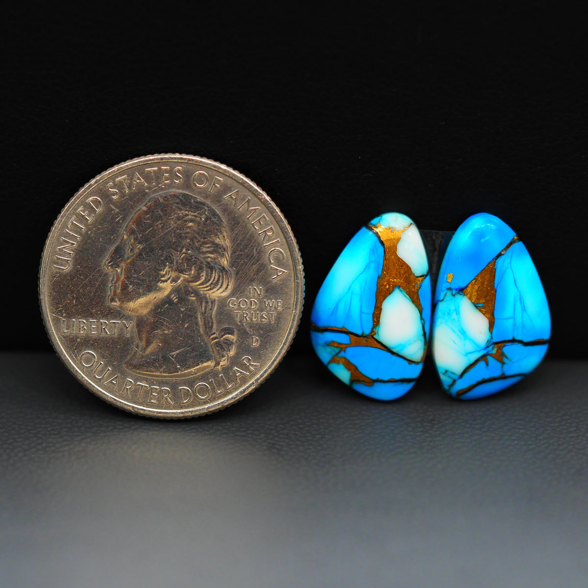 Kingman Ice Blue Dahlia Composite Freeform Cabochon Pair 16x10x3mm 10.5ct - icy blue and white stone with copper veining - Pedra Gems