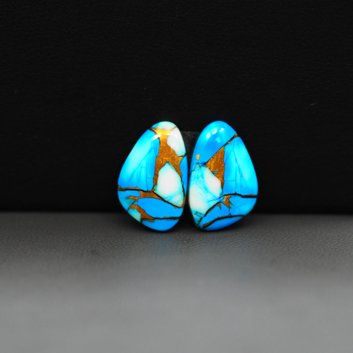Kingman Ice Blue Dahlia Composite Freeform Cabochon Pair 16x10x3mm 10.5ct - icy blue and white stone with copper veining - Pedra Gems