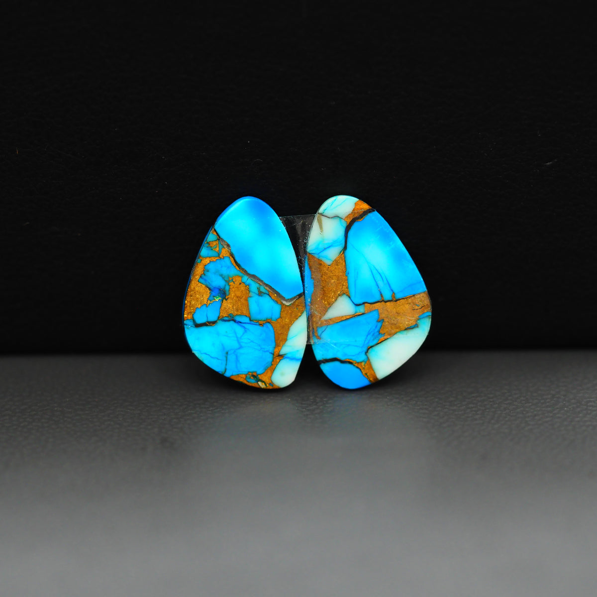 Kingman Ice Blue Dahlia Composite Freeform Cabochon Pair 16x10x3mm 10.5ct - icy blue and white stone with copper veining - Pedra Gems