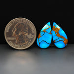 Kingman Ice Blue Dahlia Composite Pear Cabochon Pair 20x11x3mm 12.5ct - icy blue and white stone with copper veining - Pedra Gems