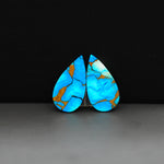 Kingman Ice Blue Dahlia Composite Pear Cabochon Pair 20x11x3mm 12.5ct - icy blue and white stone with copper veining - Pedra Gems