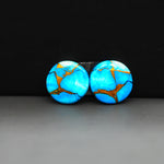 Kingman Ice Blue Dahlia Composite Round Cabochon Pair 15x15x3mm 12.5ct - icy blue and white stone with copper veining - Pedra Gems