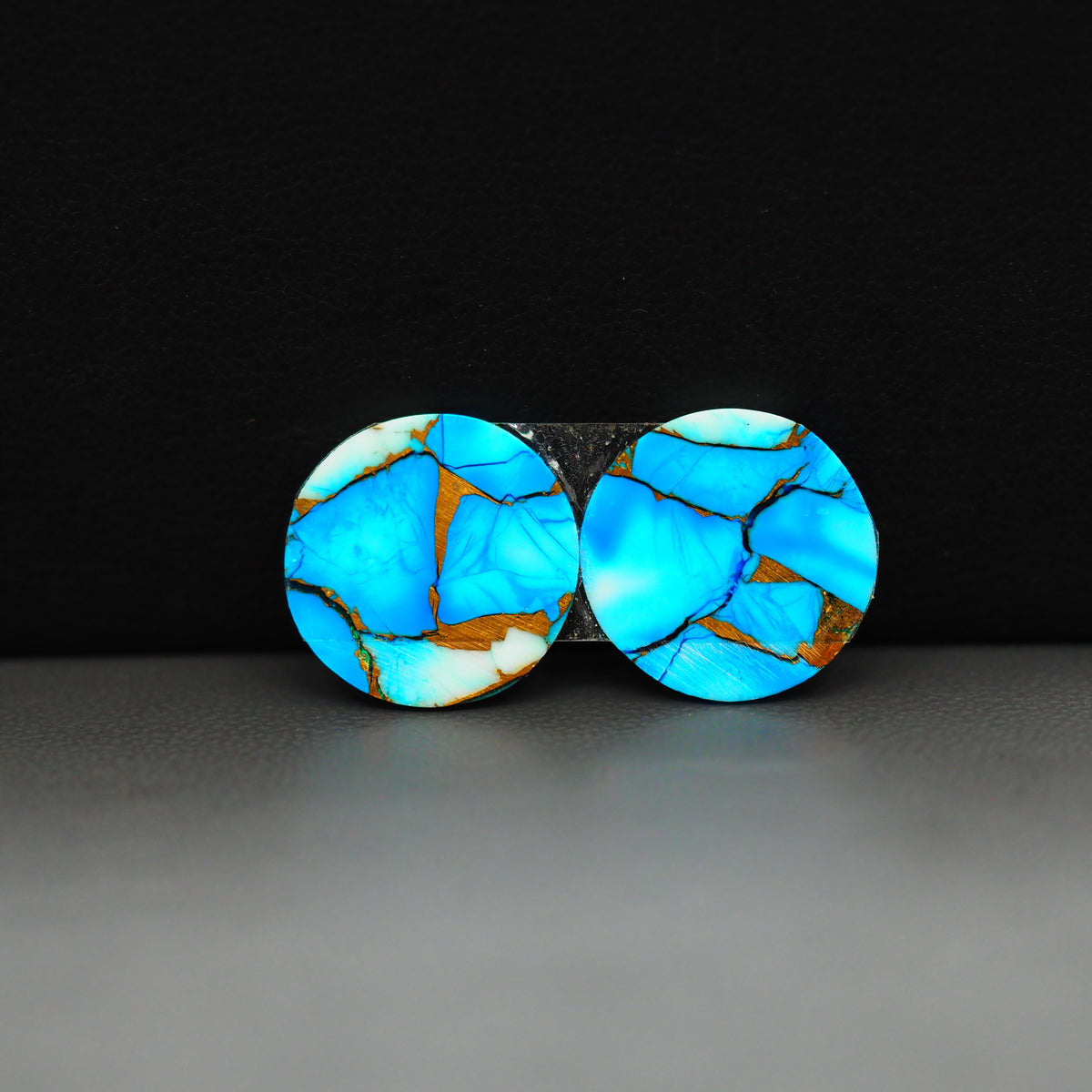 Kingman Ice Blue Dahlia Composite Round Cabochon Pair 15x15x3mm 12.5ct - icy blue and white stone with copper veining - Pedra Gems