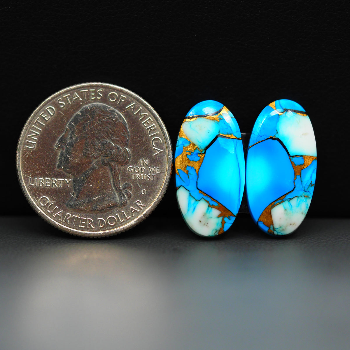 Kingman Ice Blue Dahlia Composite Oval Cabochon Pair 21x11x3mm 15ct - icy blue and white stone with copper veining - Pedra Gems