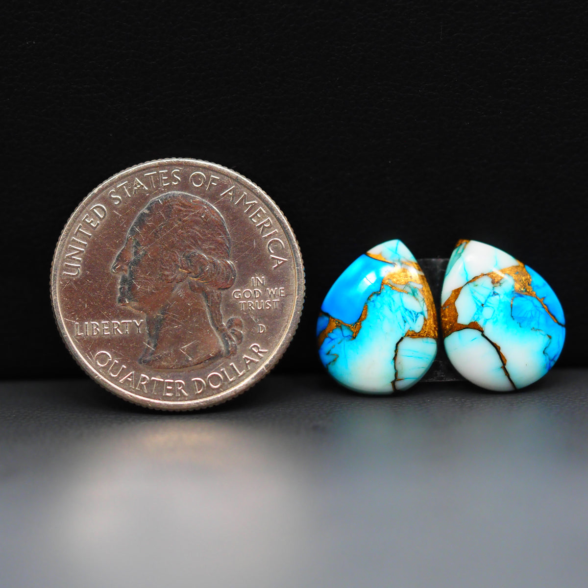 Kingman Ice Blue Dahlia Composite Pear Cabochon Pair 15x11x3mm 9.5ct - icy blue and white stone with copper veining - Pedra Gems