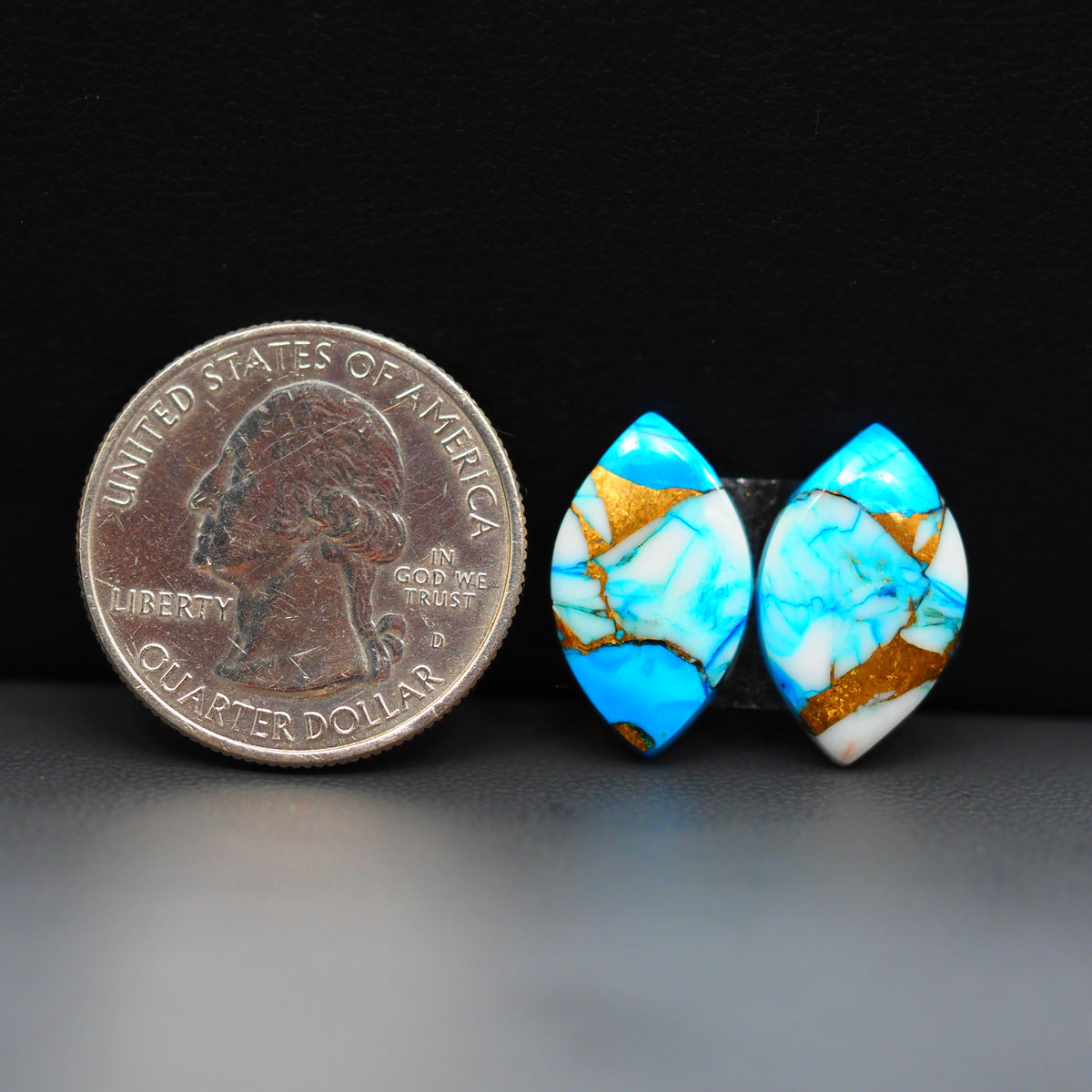 Kingman Ice Blue Dahlia Composite Marquise Cabochon Pair 18x11x3mm 12ct - icy blue and white stone with copper veining - Pedra Gems