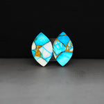 Kingman Ice Blue Dahlia Composite Marquise Cabochon Pair 18x11x3mm 12ct - icy blue and white stone with copper veining - Pedra Gems