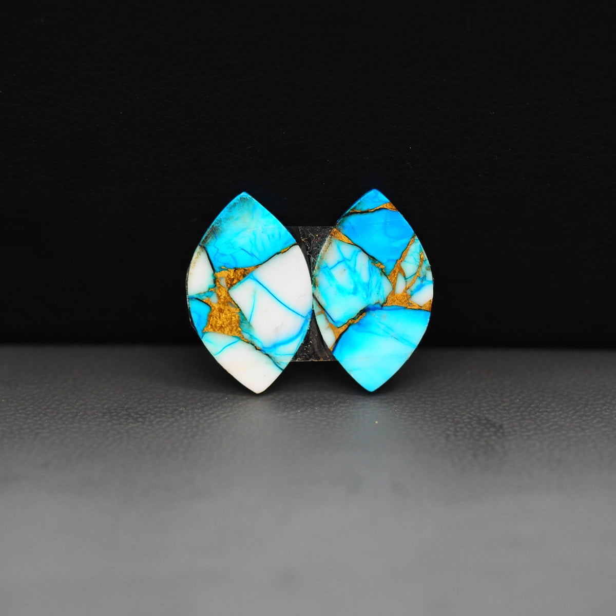 Kingman Ice Blue Dahlia Composite Marquise Cabochon Pair 18x11x3mm 12ct - icy blue and white stone with copper veining - Pedra Gems