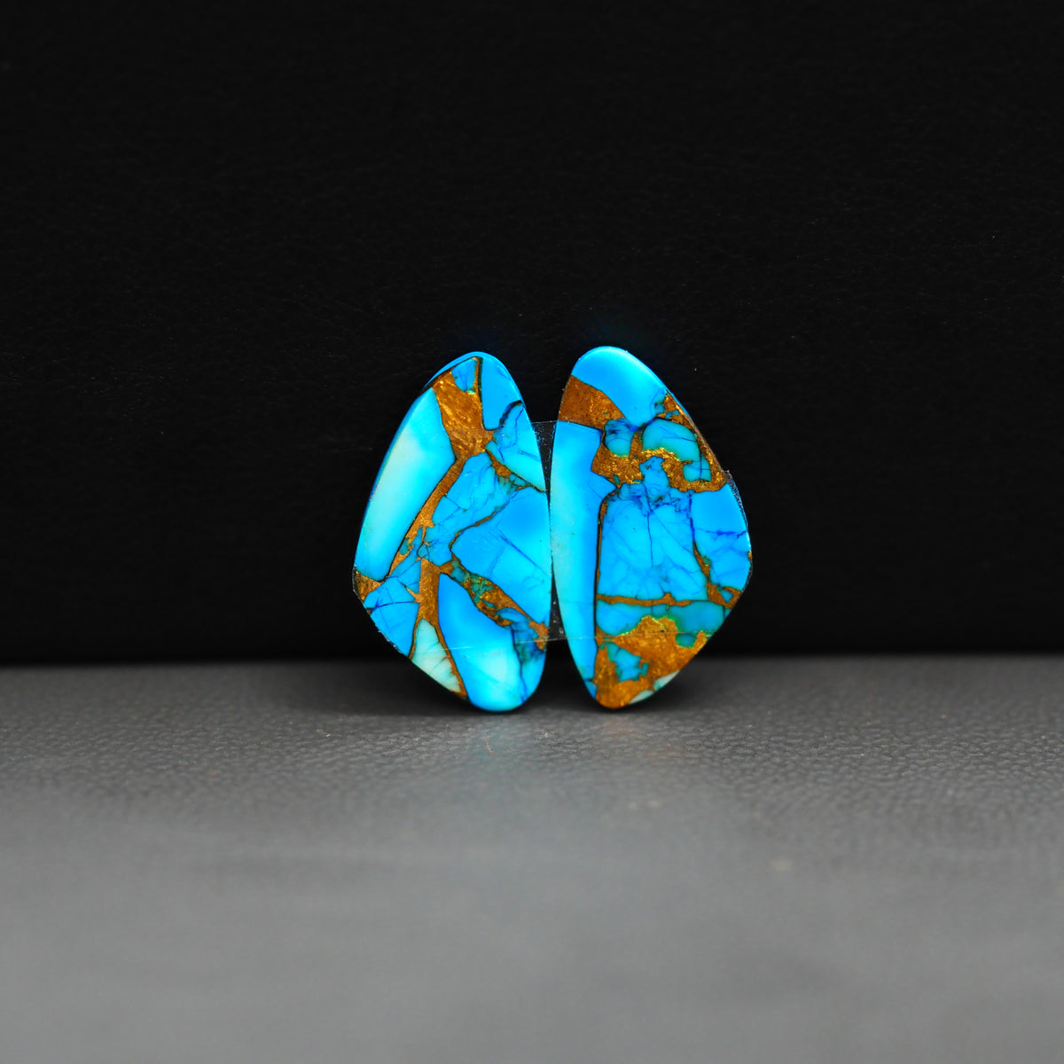 Kingman Ice Blue Dahlia Composite Freeform Cabochon Pair 18x10x3mm 10.5ct - icy blue and white stone with copper veining - Pedra Gems