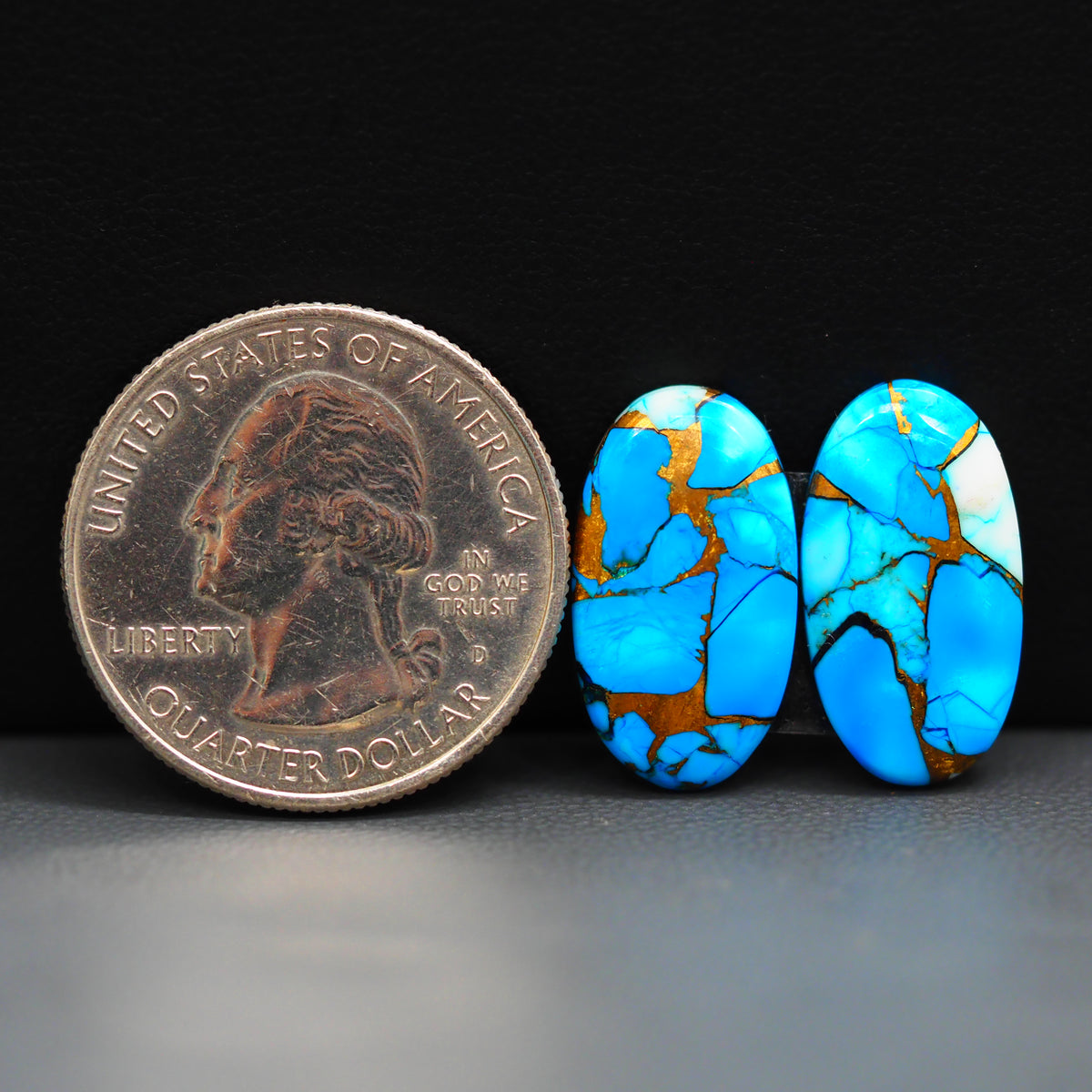 Kingman Ice Blue Dahlia Composite Oval Cabochon Pair 19x11x3mm 12ct - icy blue and white stone with copper veining - Pedra Gems