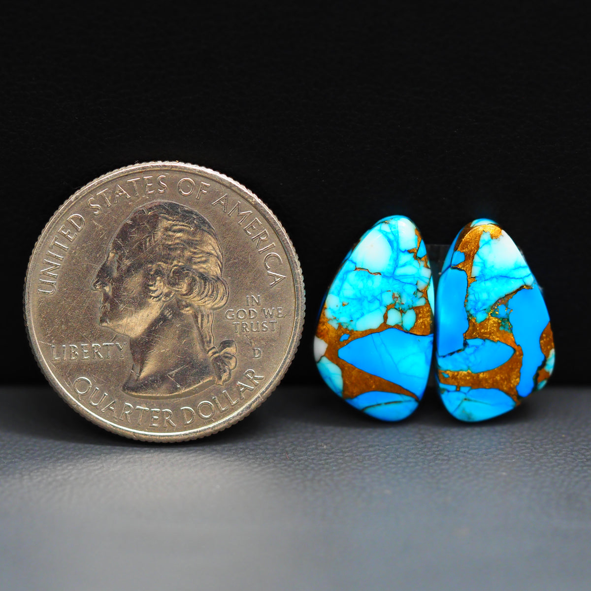 Kingman Ice Blue Dahlia Composite Freeform Cabochon Pair 17x10x3mm 10.5ct - icy blue and white stone with copper veining - Pedra Gems