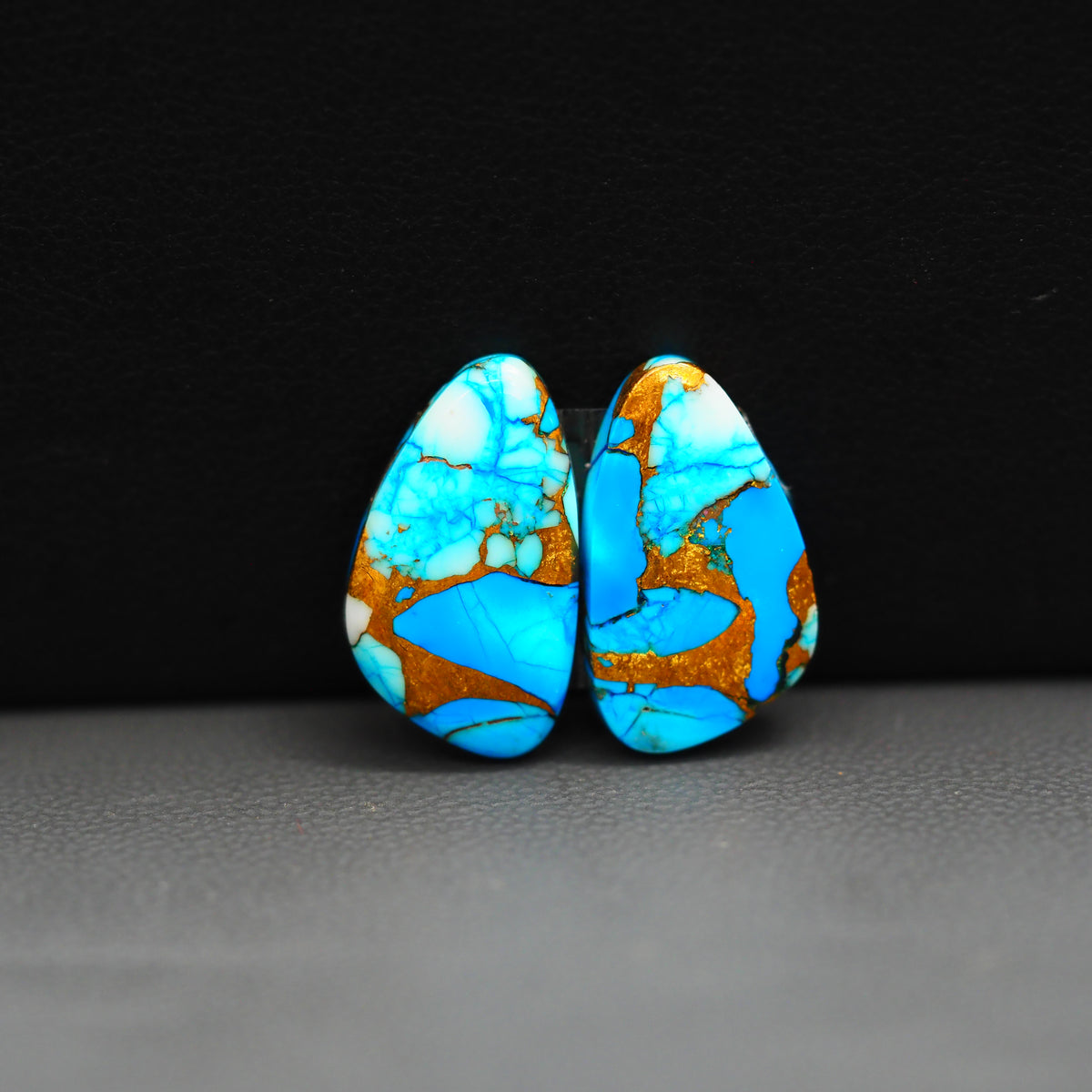 Kingman Ice Blue Dahlia Composite Freeform Cabochon Pair 17x10x3mm 10.5ct - icy blue and white stone with copper veining - Pedra Gems