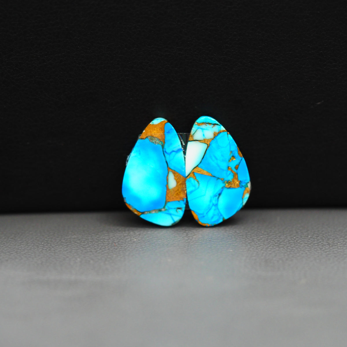 Kingman Ice Blue Dahlia Composite Freeform Cabochon Pair 17x10x3mm 10.5ct - icy blue and white stone with copper veining - Pedra Gems