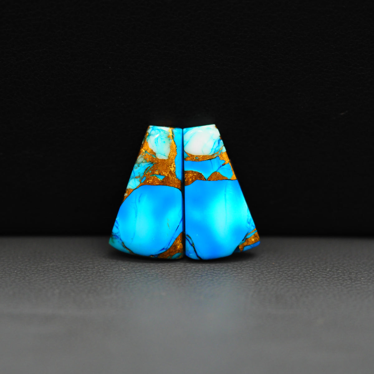 Kingman Ice Blue Dahlia Composite Trapezoid Cabochon Pair 18x10x3mm 10ct - icy blue and white stone with copper veining - Pedra Gems