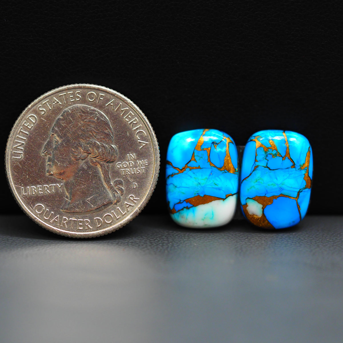 Kingman Ice Blue Dahlia Composite Cushion Cabochon Pair 16x11x3mm 12.5ct - icy blue and white stone with copper veining - Pedra Gems