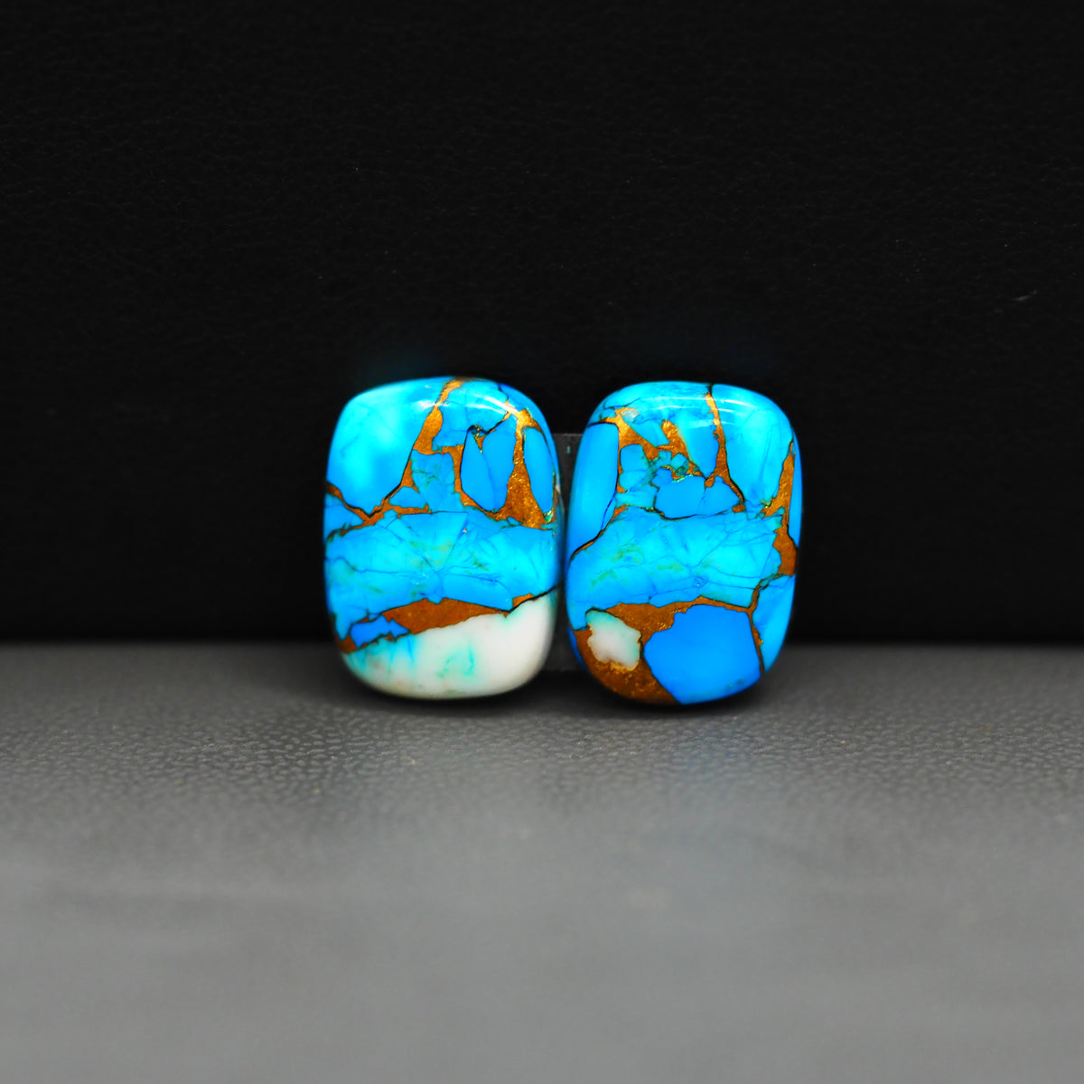 Kingman Ice Blue Dahlia Composite Cushion Cabochon Pair 16x11x3mm 12.5ct - icy blue and white stone with copper veining - Pedra Gems
