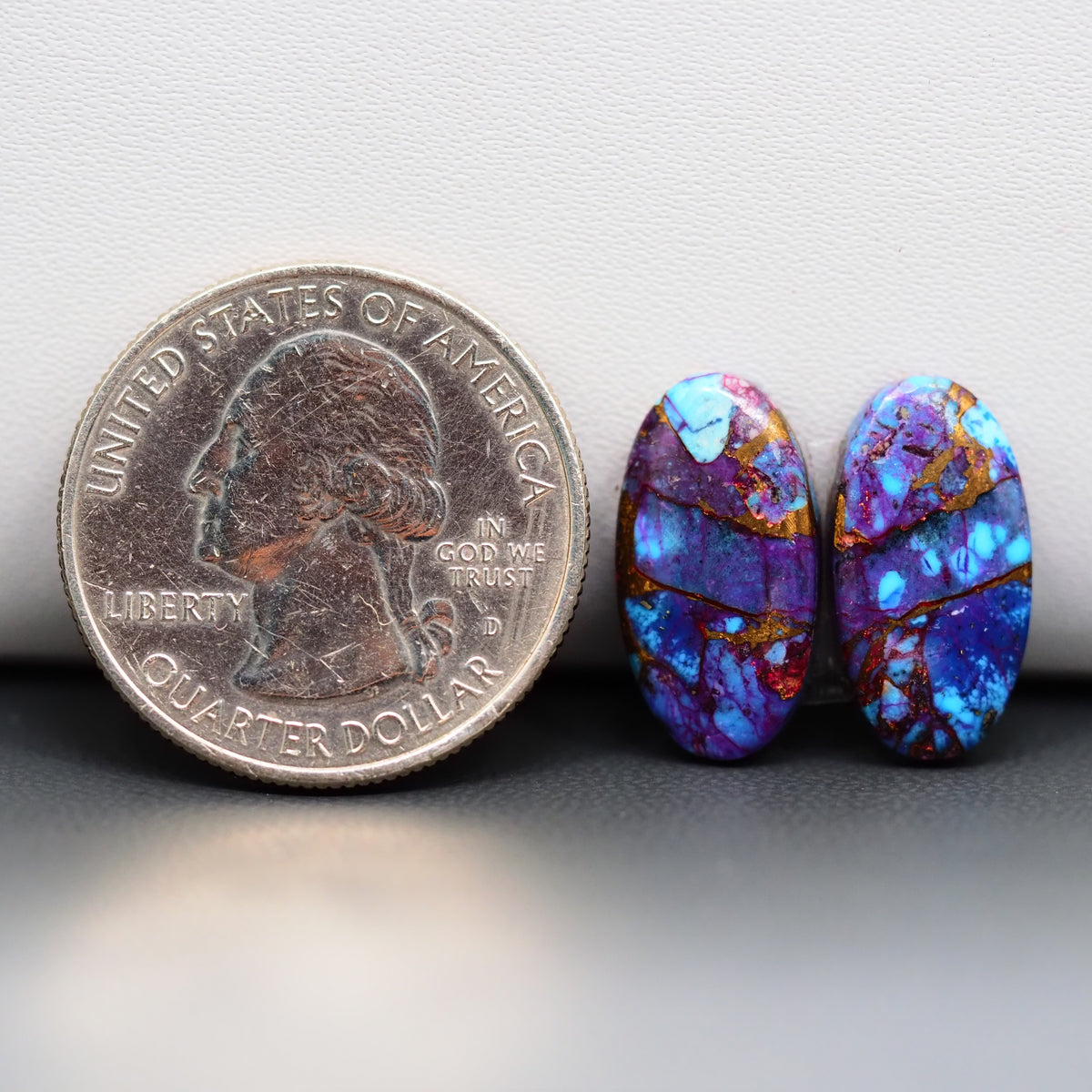 Stabilized Purple Mohave (Mojave) Turquoise oval cabochon pair 18x9x4mm 11ct - purple with blue Kingman turquoise nuggets - photo 1 - Pedra Gems.