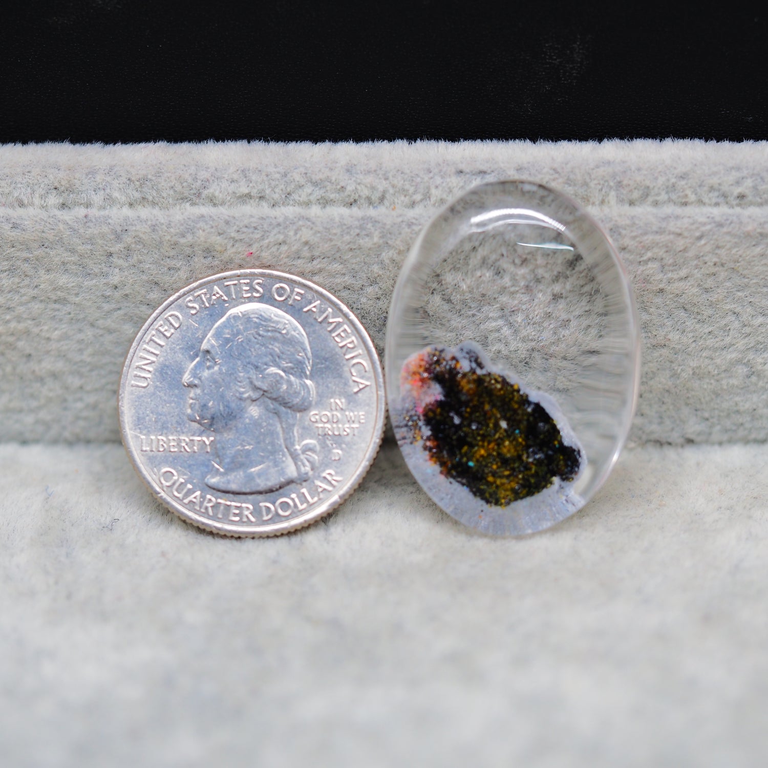 Garden quartz drill and fill cabochon 31x23mm front view US quarter dollar size reference Pedra Gems