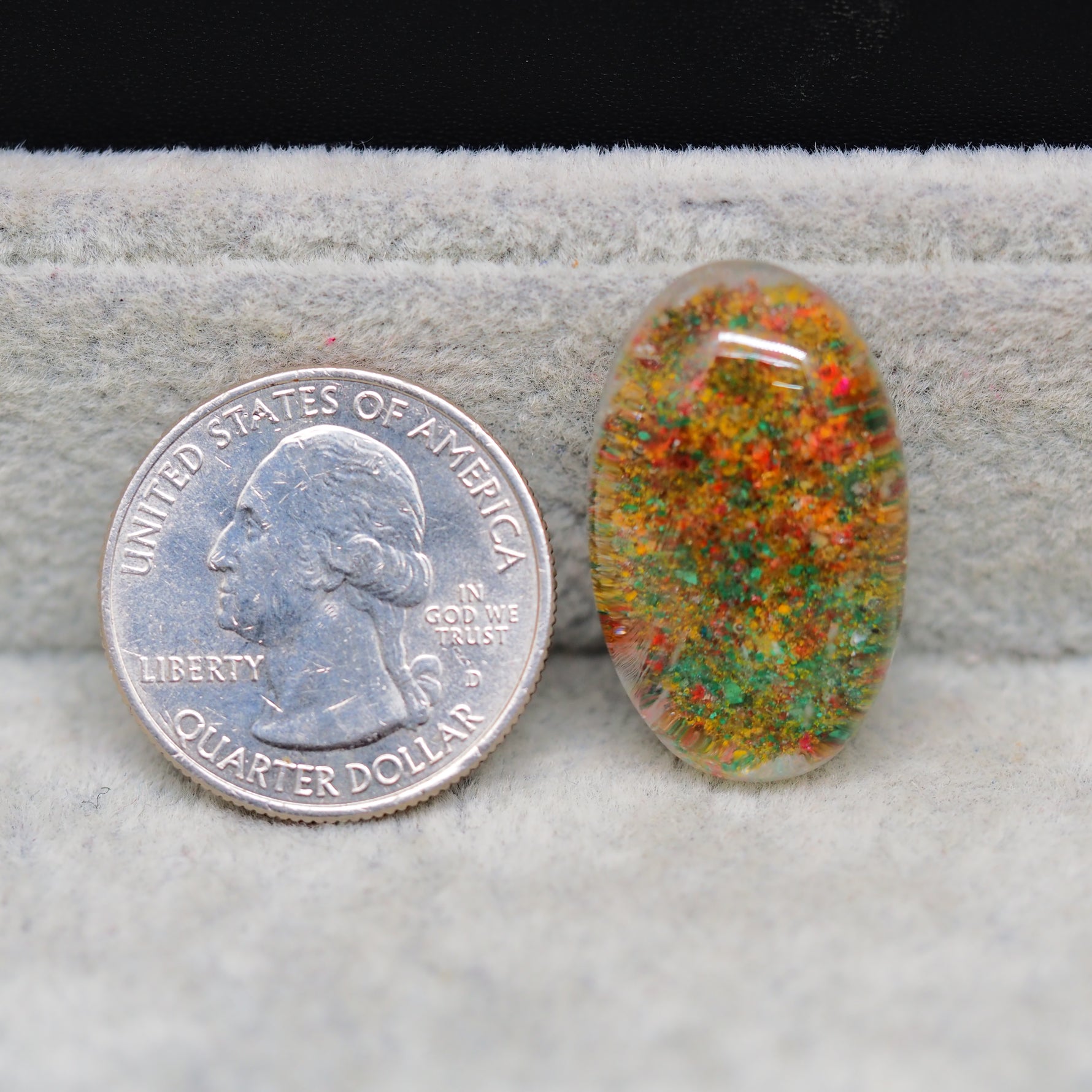 Garden quartz drill and fill cabochon 28x17mm front view US quarter dollar size reference Pedra Gems