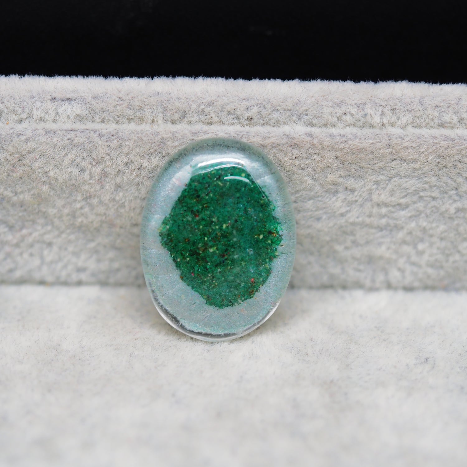 Garden quartz drill fill cabochon 26x20mm oval top view coin size comparison
