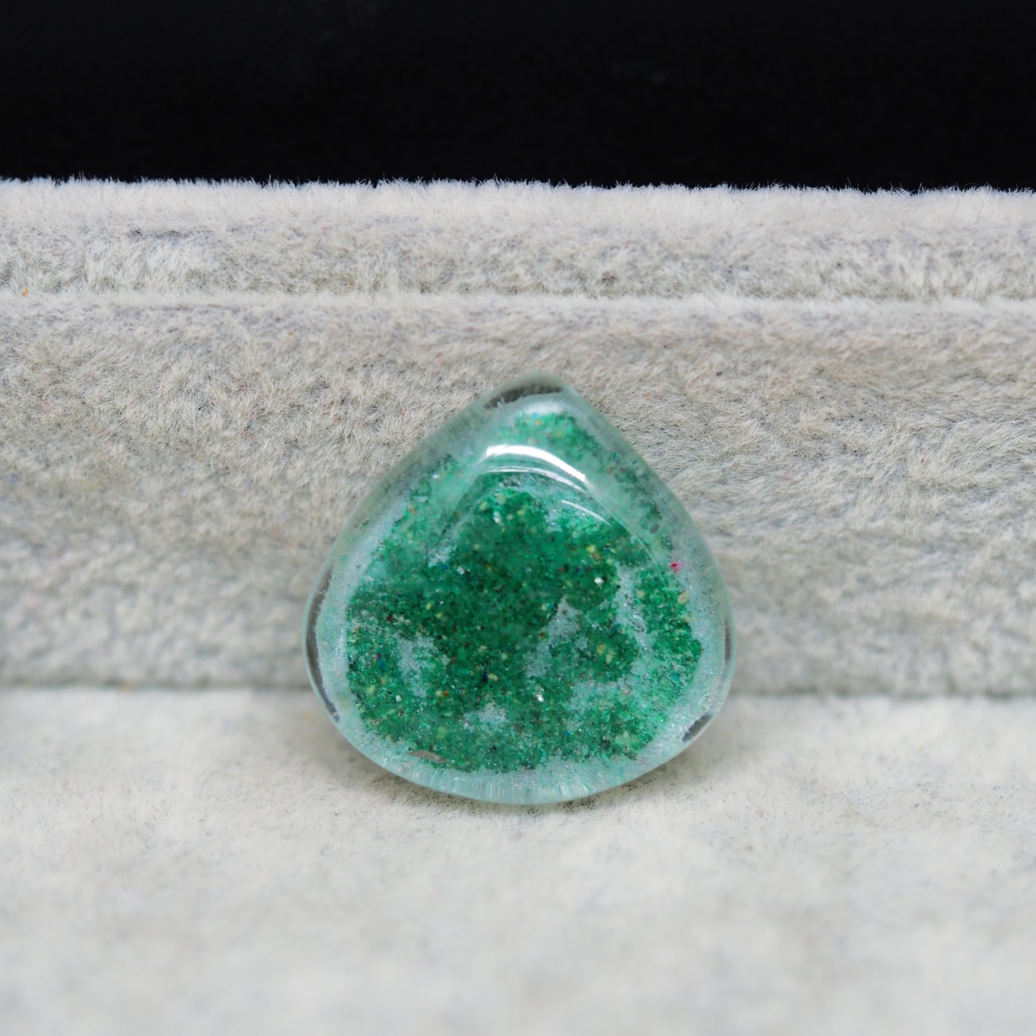 Garden quartz drill fill cabochon 23x23mm pear top view coin size comparison
