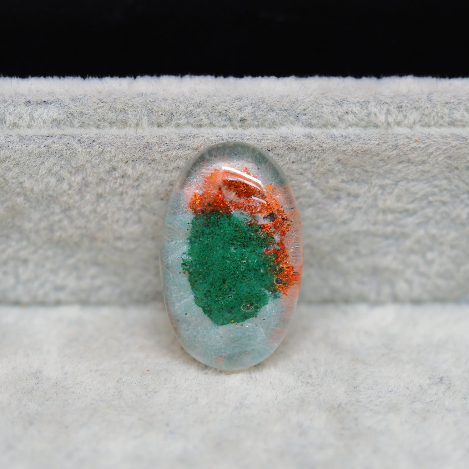 Garden quartz drill fill cabochon 27x27mm oval top view coin size comparison