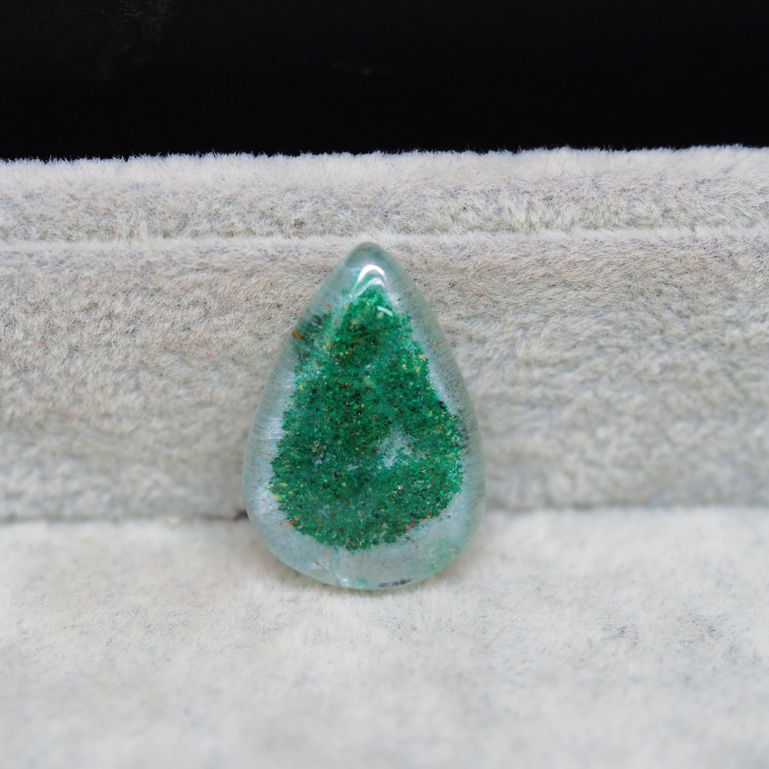 Garden quartz drill fill cabochon 26x18mm pear top view coin size comparison