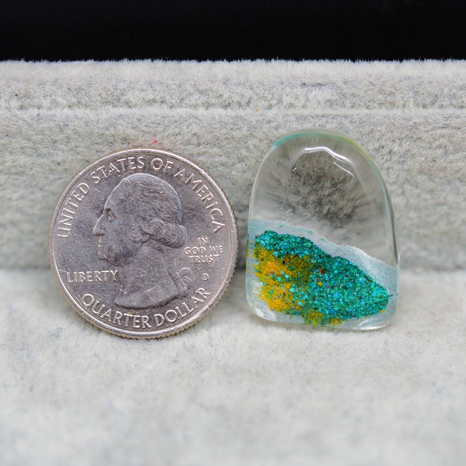 Garden quartz drill fill cabochon 25x19mm freeform teal gold mineral fill Pedra Gems