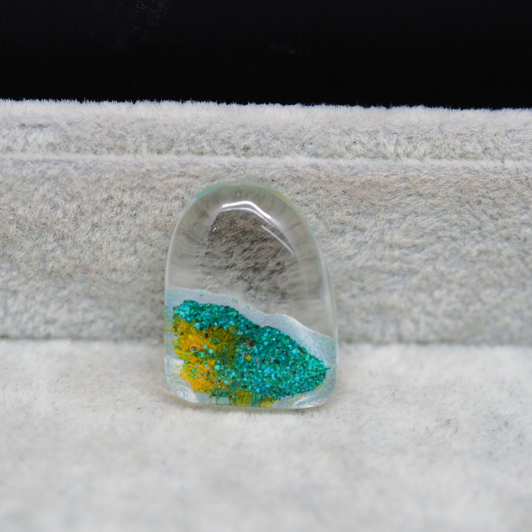 Garden quartz drill fill cabochon 25x19mm freeform top view coin size comparison