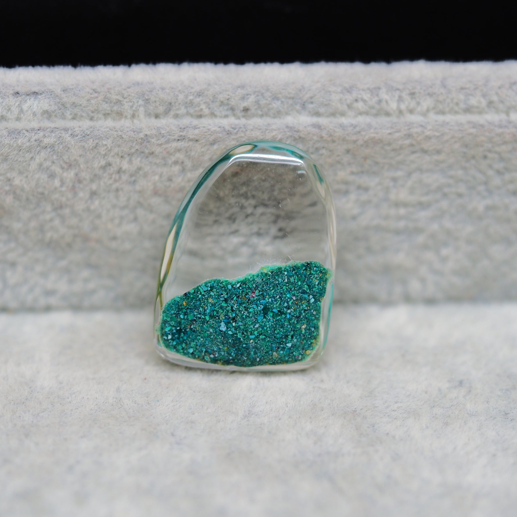 Garden quartz drill fill cabochon 25x19mm freeform side view 7mm dome profile