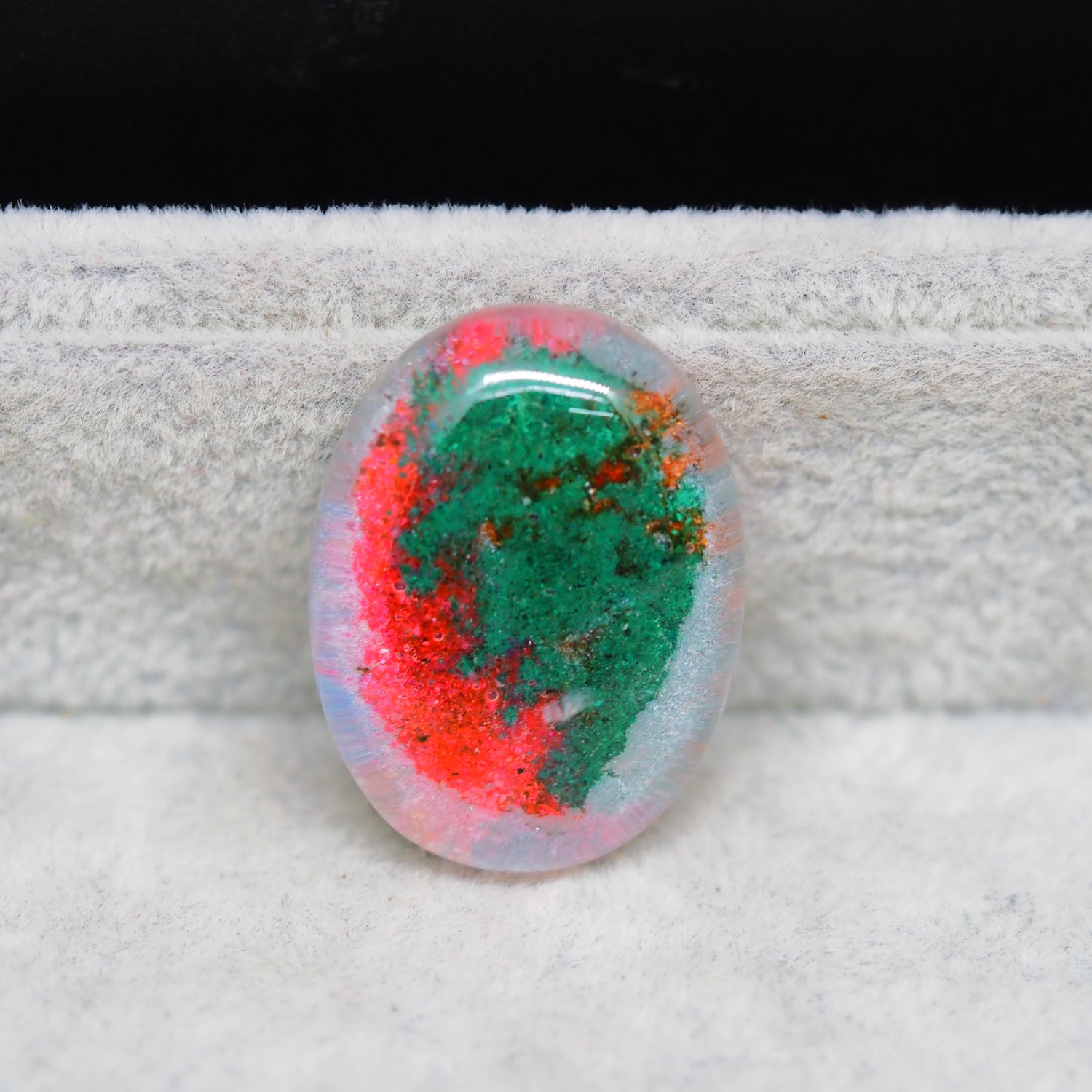 Garden quartz drill fill cabochon 30x22mm oval top view coin size comparison