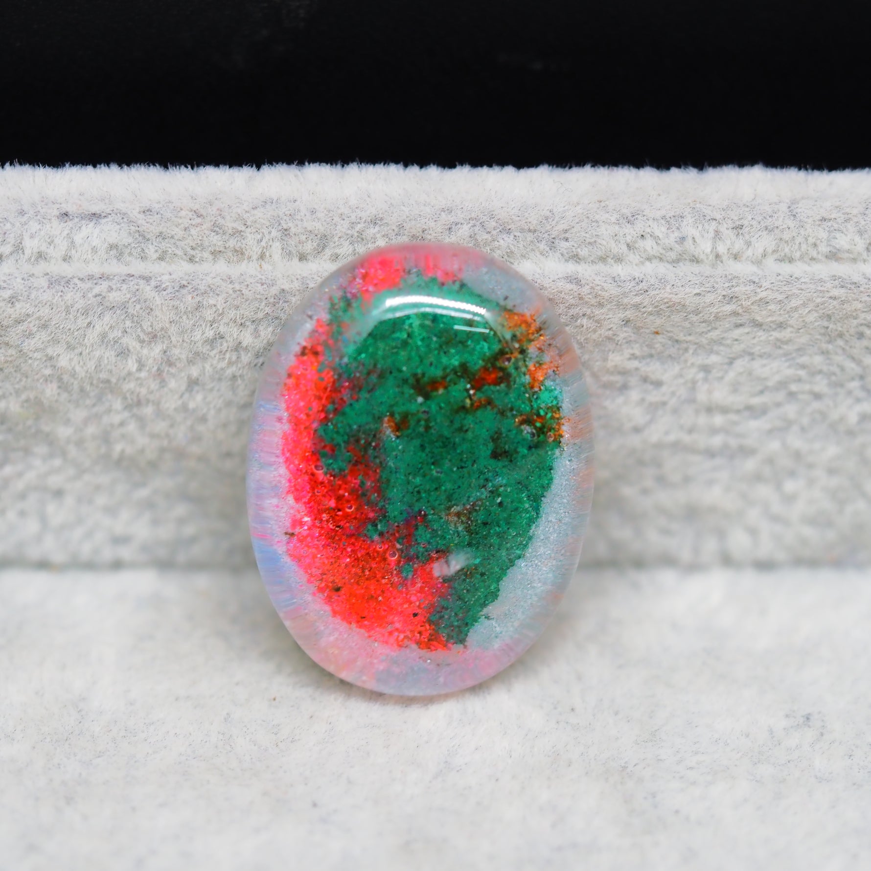 Garden quartz drill fill cabochon 30x22mm oval top view coin size comparison
