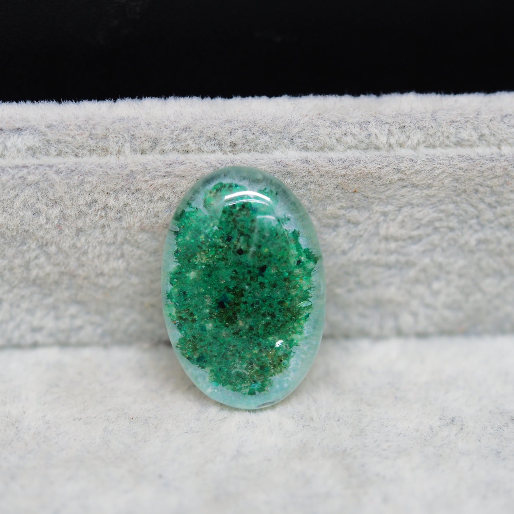 Garden quartz drill fill cabochon 26x18mm oval top view coin size comparison