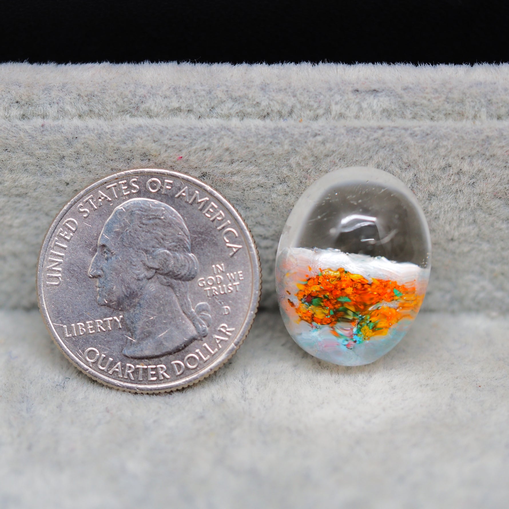 Garden quartz drill fill cabochon 22x16mm oval orange teal mineral fill deep dome Pedra Gems