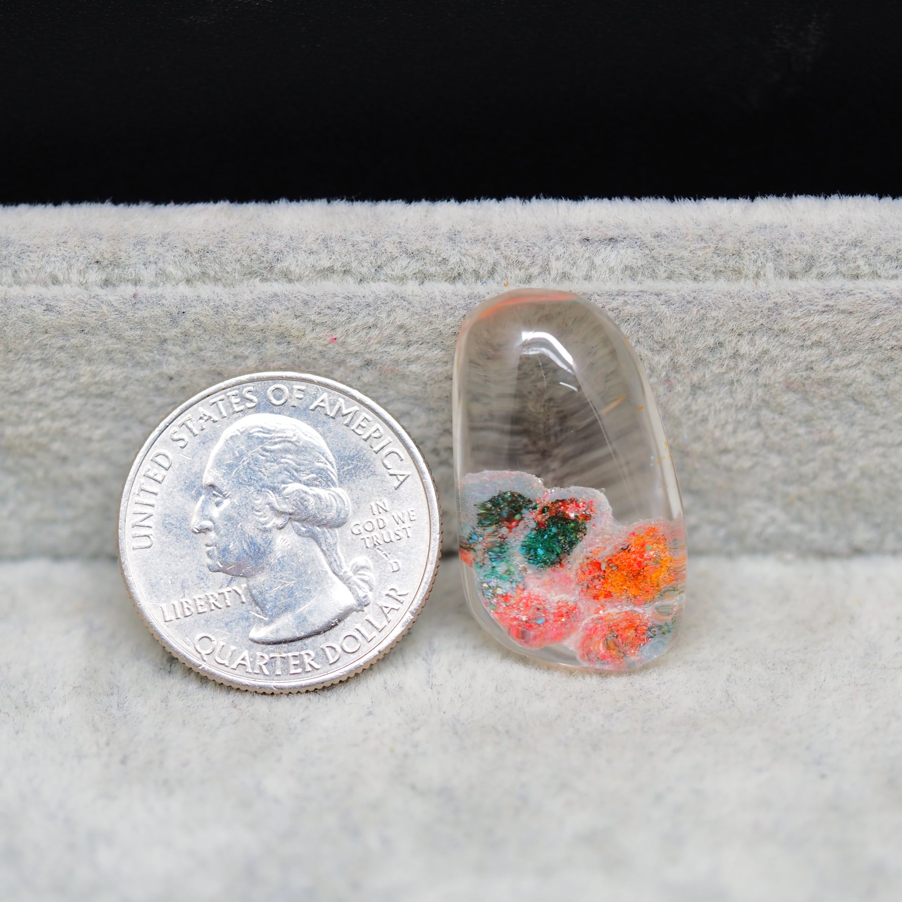 Garden quartz drill fill cabochon 29x17mm freeform orange teal green mineral fill Pedra Gems