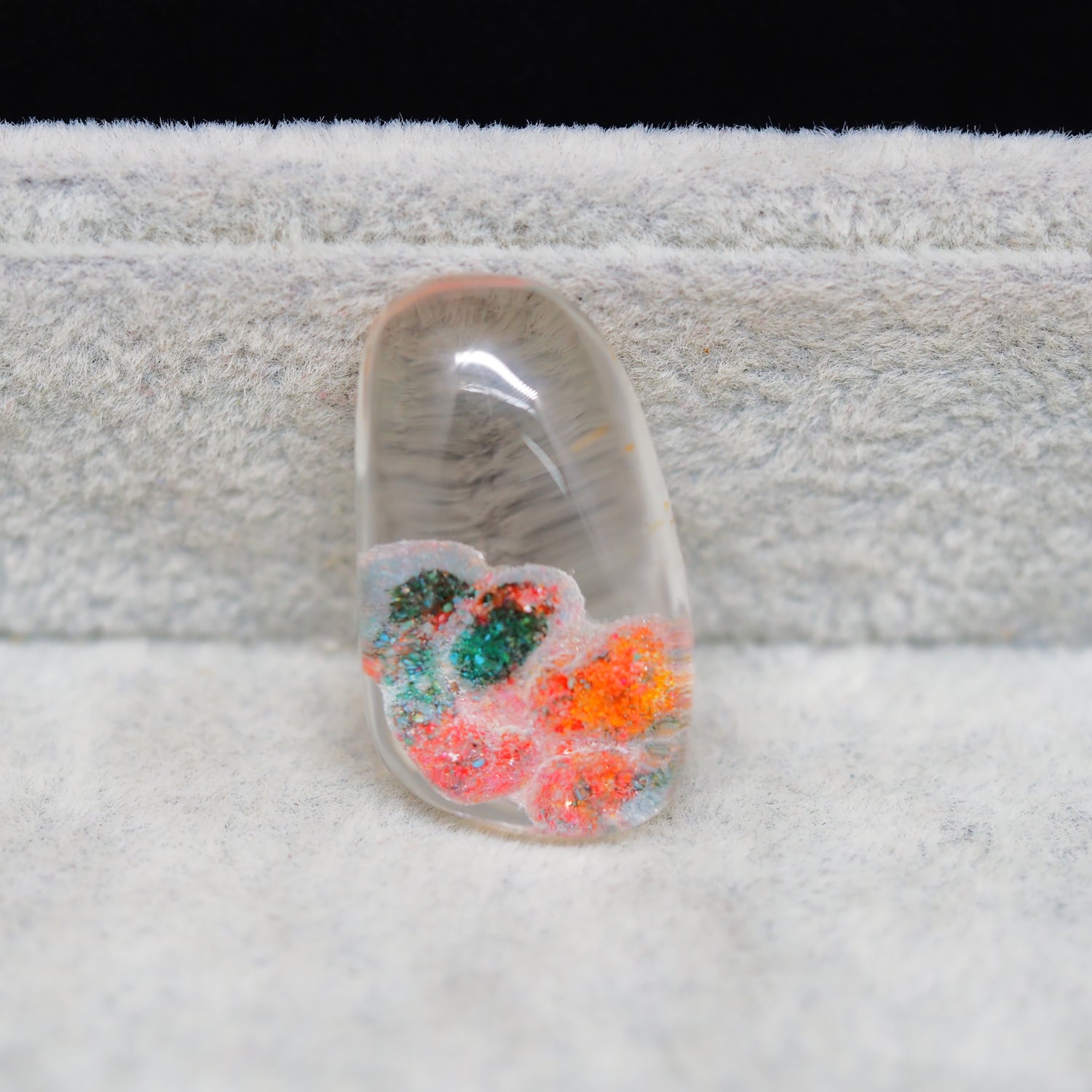Garden quartz drill fill cabochon 29x17mm freeform top view coin size comparison