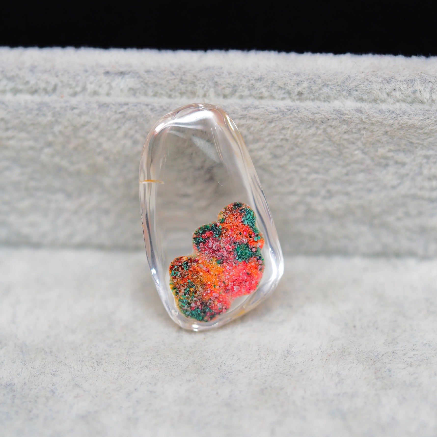 Garden quartz drill fill cabochon 29x17mm freeform side view 8mm dome profile