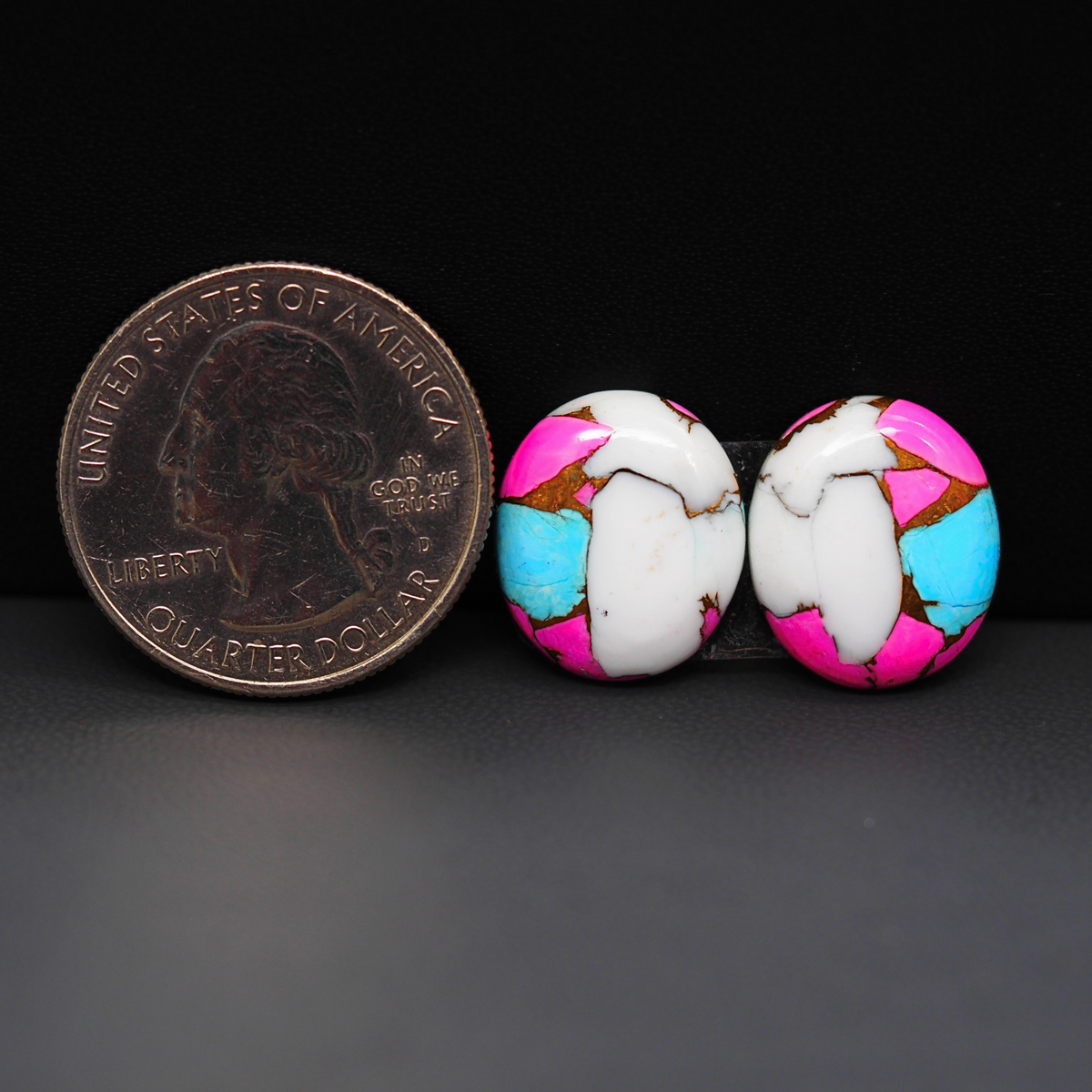Cotton Candy Oval Cabochon Pair 16x14x3mm 14ct - white, pink and turquoise blue - Pedra Gems