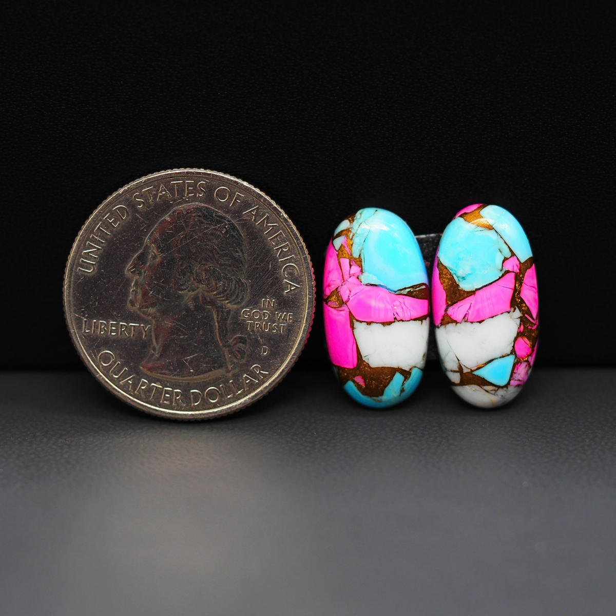Cotton Candy Oval Cabochon Pair 19x10x3mm 12.5ct - turquoise blue, pink and white - Pedra Gems