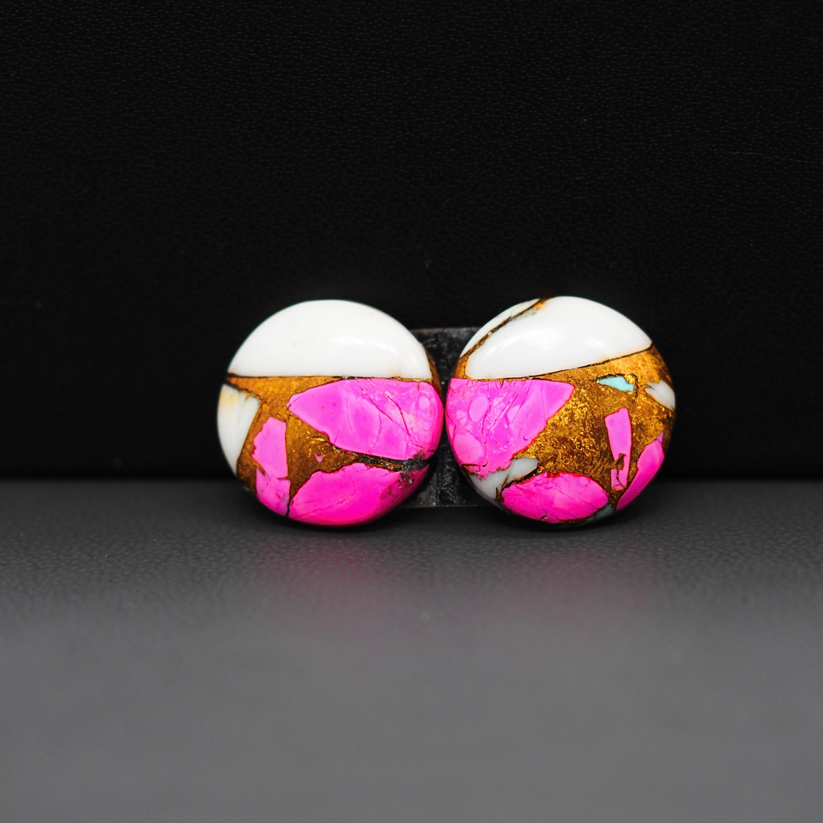 Cotton Candy Round Cabochon Pair 15x15x3mm 15.5ct - white, pink and turquoise blue - Pedra Gems