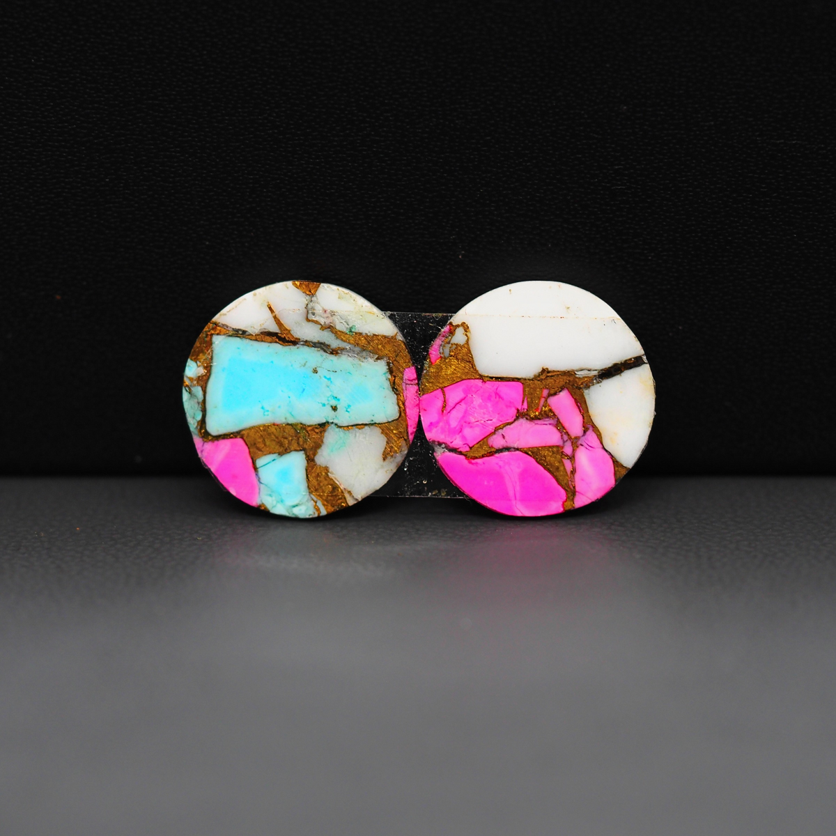 Cotton Candy Round Cabochon Pair 15x15x3mm 15.5ct - white, pink and turquoise blue - Pedra Gems
