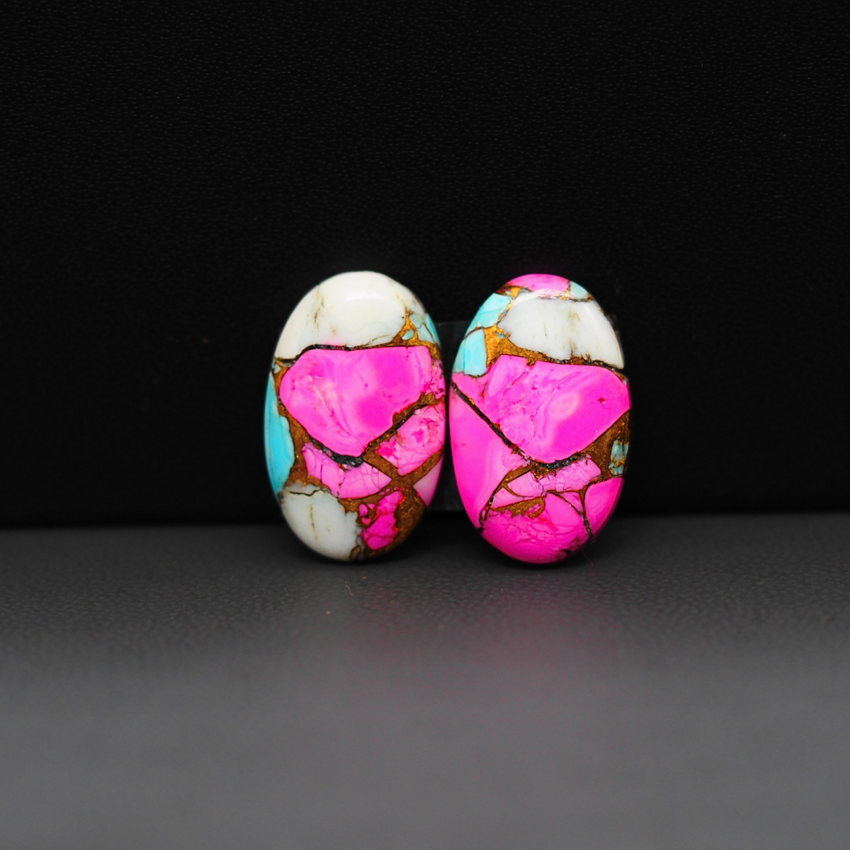Cotton Candy Oval Cabochon Pair 18x13x3mm 13.5ct - pink, white and turquoise blue - Pedra Gems