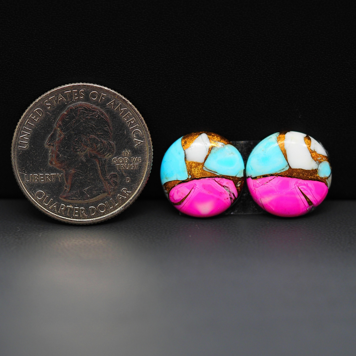 Cotton Candy Round Cabochon Pair 15x15x3mm 12.5ct - turquoise blue, pink and white - Pedra Gems