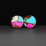 Cotton Candy Round Cabochon Pair 15x15x3mm 12.5ct - turquoise blue, pink and white - Pedra Gems