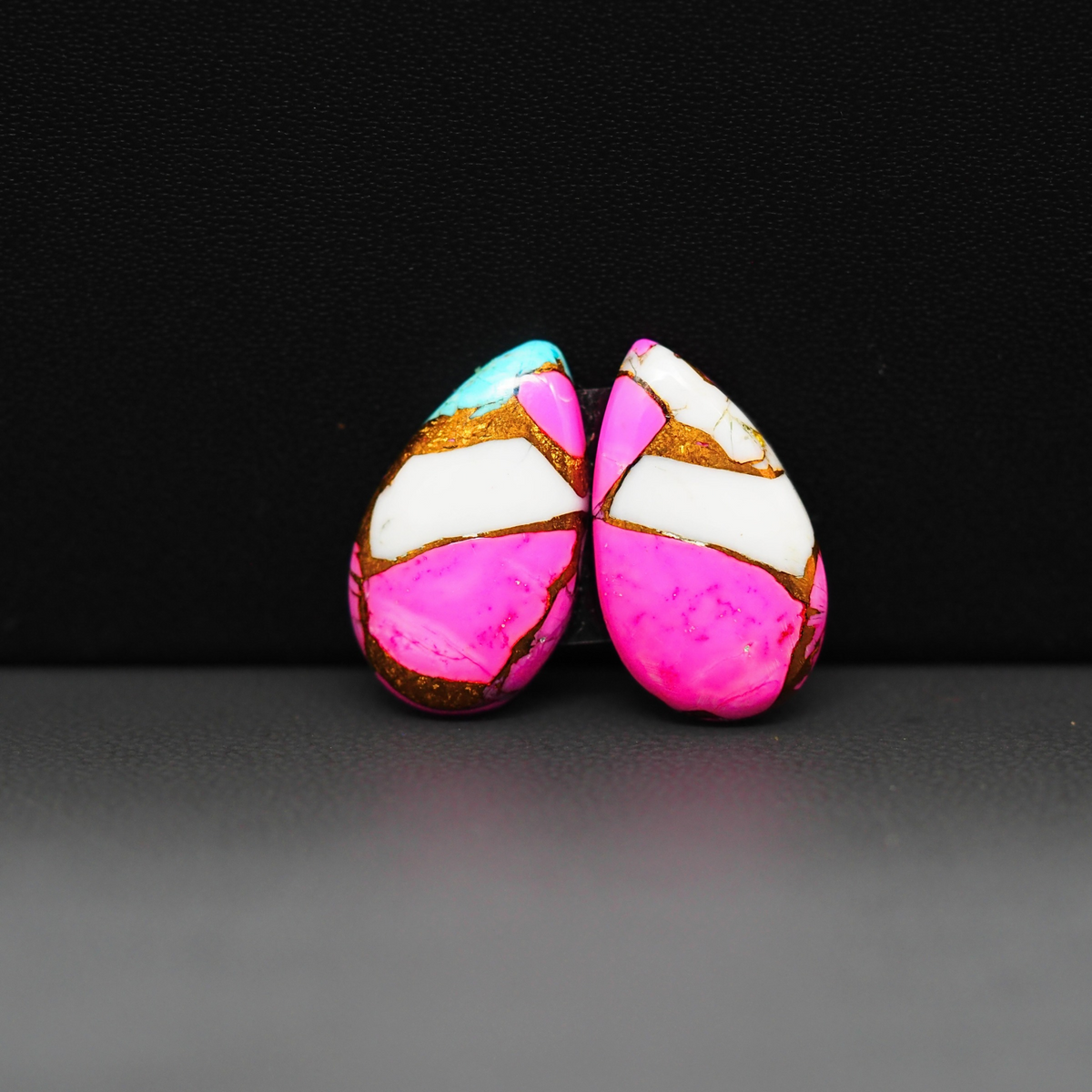 Cotton Candy Pear Cabochon Pair 19x11x3mm 12.5ct - pink, white and turquoise blue - Pedra Gems