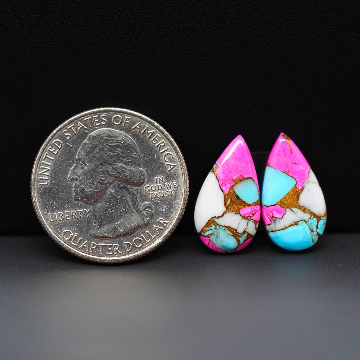 Cotton Candy Pear Cabochon Pair 18x10x3mm 10.5ct - pink, white and turquoise blue - Pedra Gems