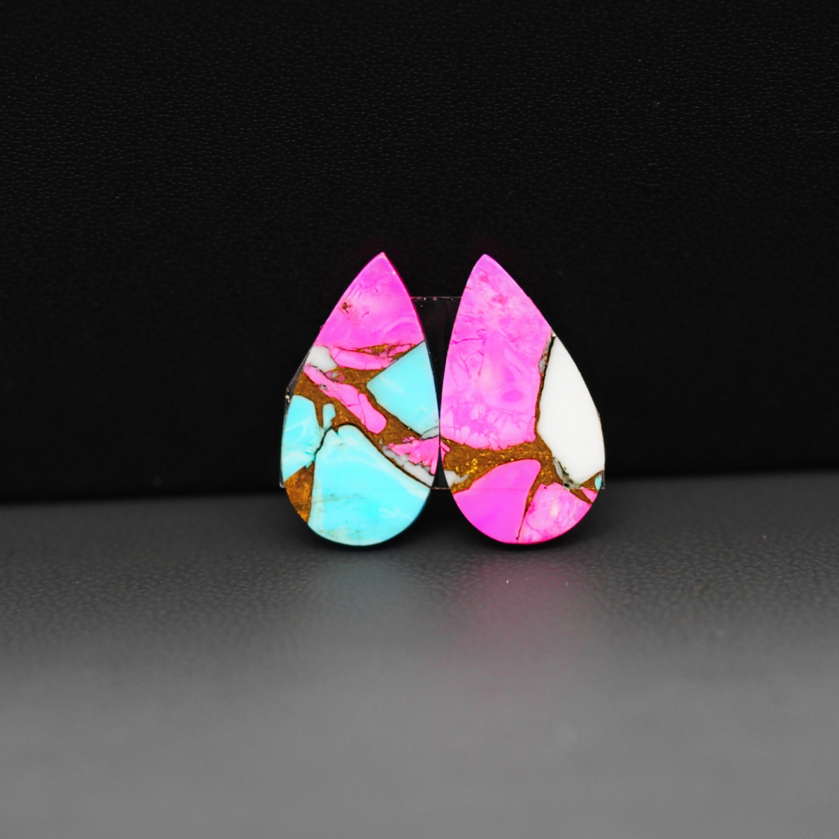 Cotton Candy Pear Cabochon Pair 18x10x3mm 10.5ct - pink, white and turquoise blue - Pedra Gems